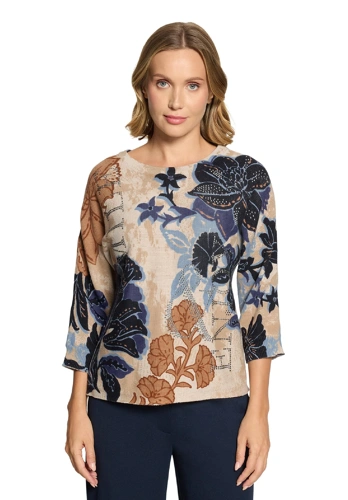 BETTY BARCLAY damski sweter w kolorze beżowo-niebieskim z motywem kwiatowym i kryształkami BETTY BARCLAY damski sweter w kolorze beżowo-niebieskim z motywem kwiatowym i kryształkami