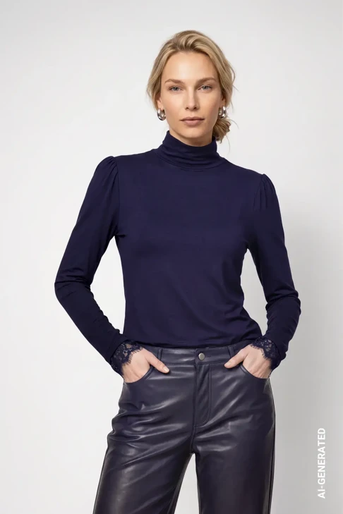 MONARI STUDIO BLUE – damska koszulka w kolorze ciemnoniebieskim z kołnierzykiem stojącym
