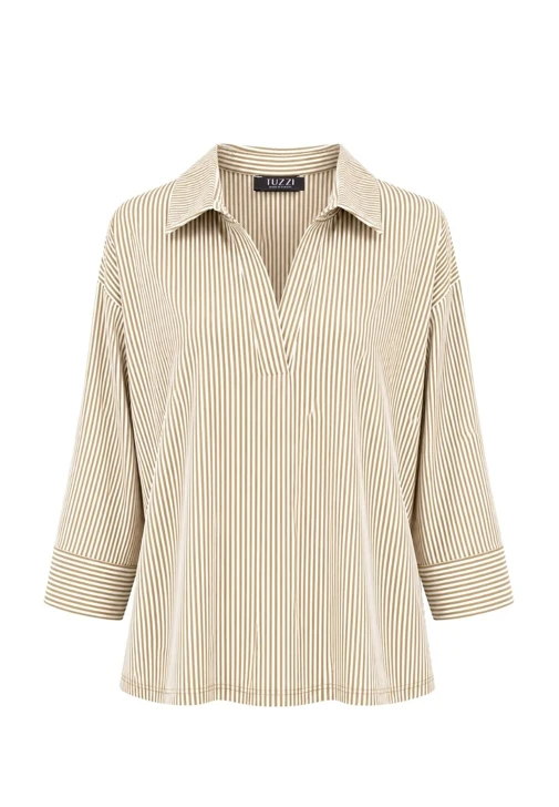 TUZZI WHITE damska bluzka w stylu kimono w beżowo-białe paski