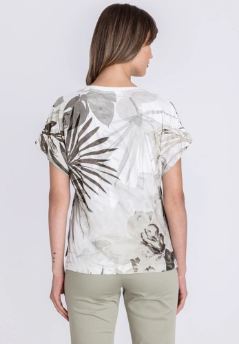 TUZZI ALOE THERE t-shirt damski jasnobeżowy z kwiatowym nadrukiem (2)