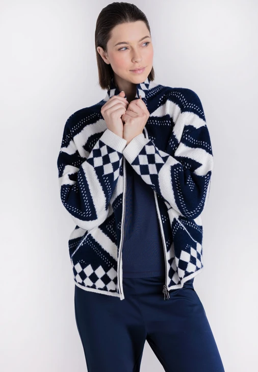 TUZZI NORDIC DUN – damski sweter w kolorze niebiesko-białym, zapinany na zamek błyskawiczn