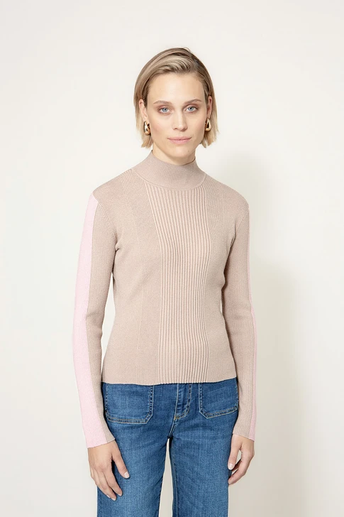 CATNOIR damski sweter w kolorze ciemno-beżowym z różowymi paskami na rękawach