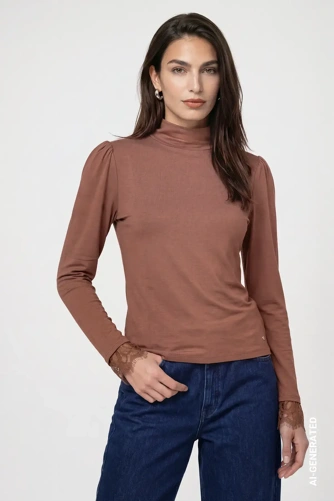 MONARI STUDIO BLUE – damska koszulka w kolorze brązowym z kołnierzykiem stojącym MONARI STUDIO BLUE – damska koszulka w kolorze brązowym z kołnierzykiem stojącym