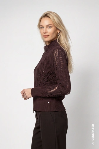 MONARI FASHION SHOW – damski sweter zapinany na zamek, brązowy, z cekinami (1)