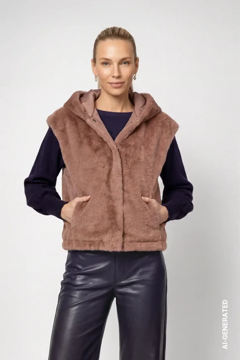 MONARI STUDIO BLUE – damska kamizelka futrzana w kolorze taupe z kapturem