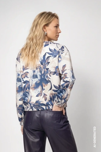 MONARI STUDIO BLUE – damska bluza w kwiaty, beżowa z niebieskim nadrukiem (1)